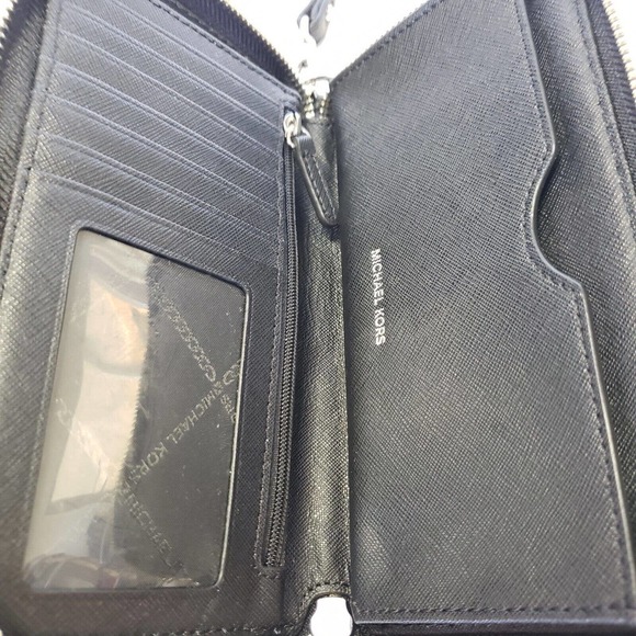 MICHAEL KORS Black Pebble Leather Zip Around Wallet Wristl Phone Clutch 7x4 Logo - Picture 5 of 9
